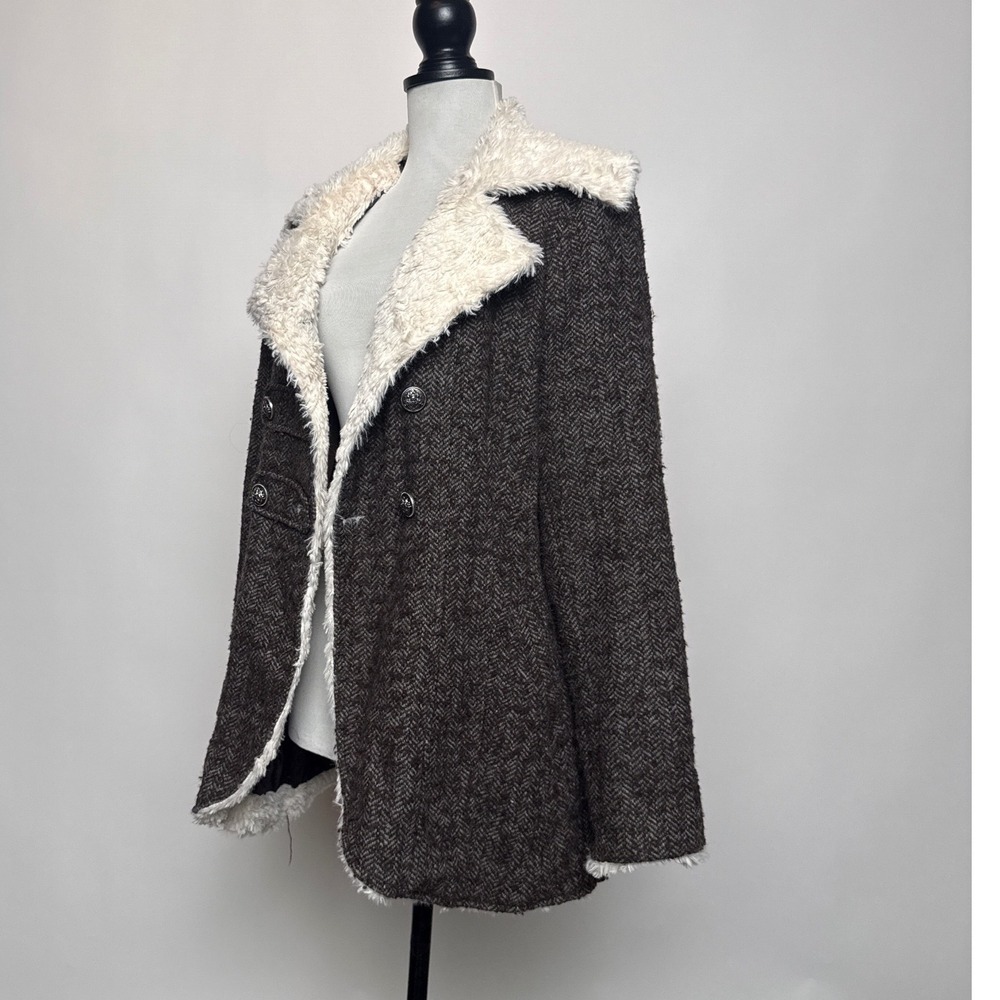 Y2K Forever 21 Brown Herringbone Double Breasted Faux Fur Trim Coat Womens Large - Picture 10 of 12